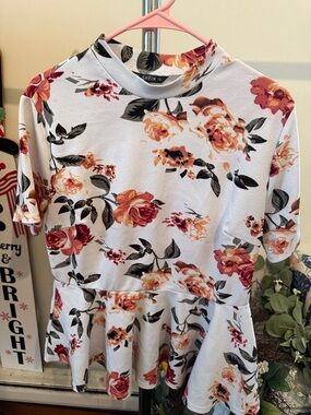 SHEIN White Floral Peplum Top - Pink & Orange Roses
